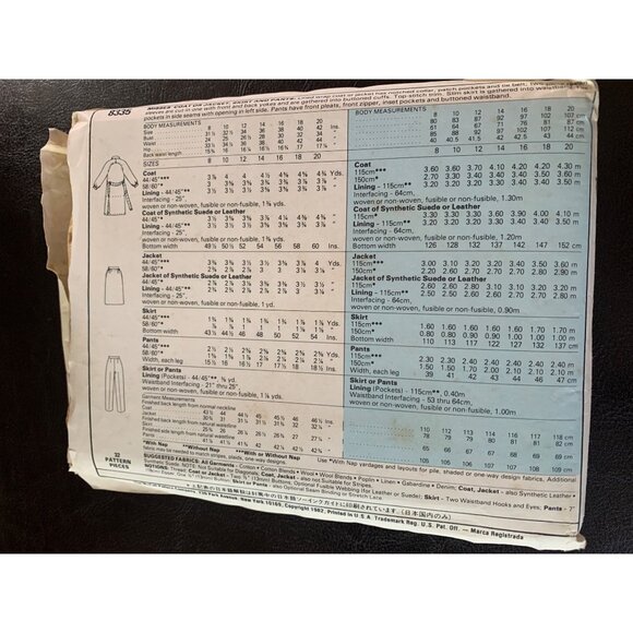 McCall's Misses Coat Jacket Skirt Pant Sewing Pattern Sz 20 8335 - Uncut - Picture 5 of 9